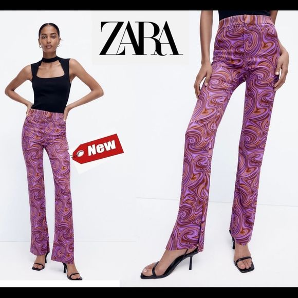 ZARA dark mauve swirl printed high waisted flared leg pants Sz S NWT - Picture 10 of 10